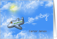 Baby Boy birth announcement-teddy bear in an airplane with smoke card