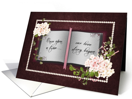 Anniversary for spouse-book with floral bouquets and pearl frame card