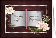 Anniversary for Couple-book with floral bouquets and pearl frame card