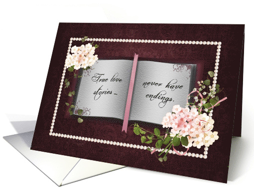 Anniversary for Couple open book with floral bouquets and pearls card