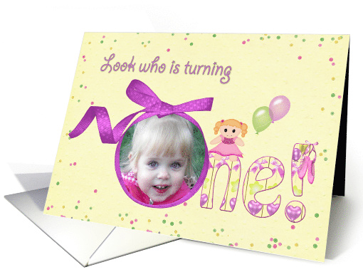 Girl's 1st Birthday photo card with pink ribbon effect frame card
