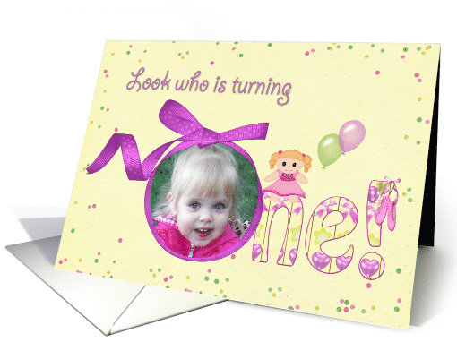 Girl's 1st Birthday Party invitation, bow frame photo card (1053735)