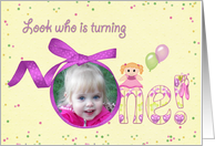 Girl’s 1st Birthday Party invitation, bow frame photo card