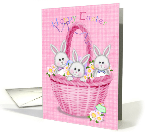 Hoppy Easter pink basket of bunnies with eggs and daisies... (1056087)
