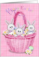 Hoppy Easter pink basket of bunnies with eggs and daisies on gingham card