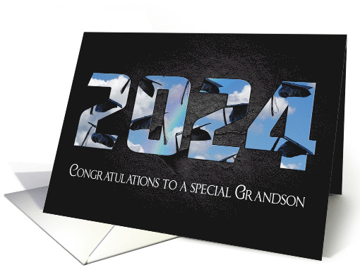 Graduation 2024 For Grandson With Black Caps and Rainbow In Sky card