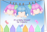 Triplet Baby Shower invitation - triplets hanging on a clothesline card