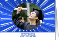 Graduation Invitation Photo Card with modern sunburst design on blue card