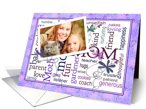 Mother's Day photo card for Twin Sister - word art and flowers card