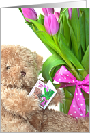 97th Birthday teddy bear with tulip bouquet and polka dot bow card
