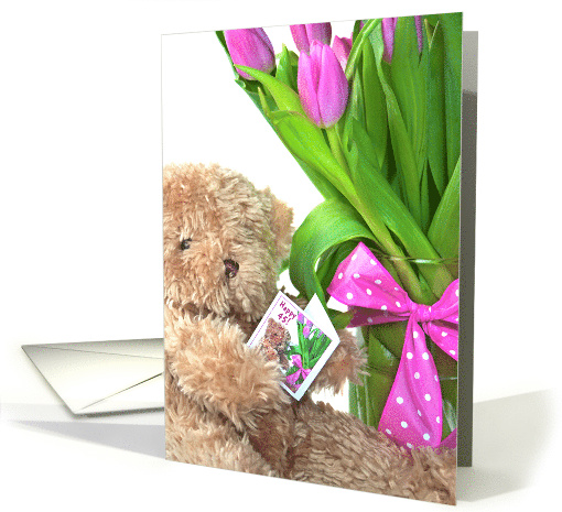 45th Birthday, teddy bear with tulip bouquet and polka dot bow card