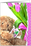 Baby Girl Shower invitation - teddy bear with tulips and polka dot bow card