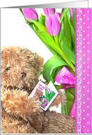 Mother’s Day for sister, teddy bear with pink tulip bouquet card