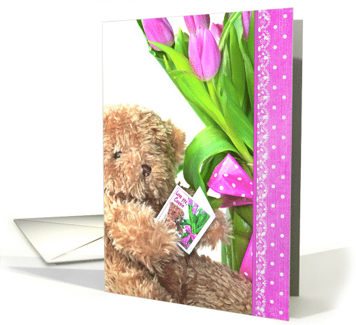 Mother's Day for Cousin, brown teddy bear with pink tulip bouquet card