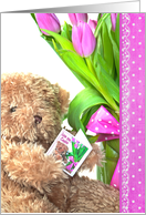 Birthday for Cousin brown teddy bear with pink tulip bouquet card