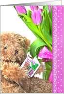 Birthday for Nana, brown teddy bear with pink tulip bouquet card