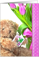 Birthday for Mum, brown teddy bear with pink tulip bouquet card