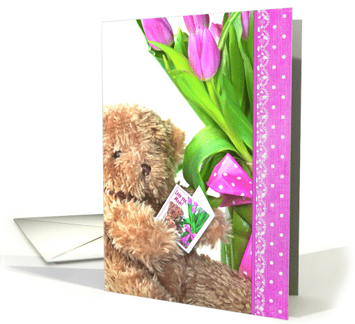 Birthday for Mom, teddy bear with pink tulip bouquet card (1069501)