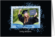 Graduation photo card-blue ribbon on frame with glitter effects card