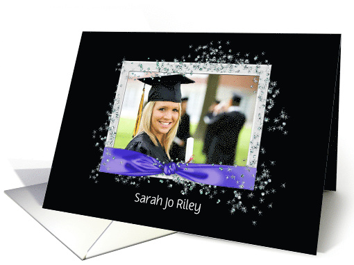 Graduation party photo card-purple ribbon with glitter effects card