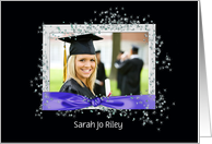 Graduation party photo card-purple ribbon with glitter effects card