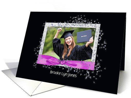 Graduation party photo card-pink ribbon with glitter effects card