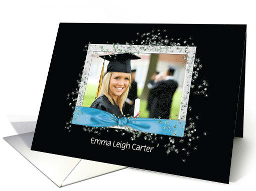 Graduation party photo card-aqua blue ribbon with glitter effects card