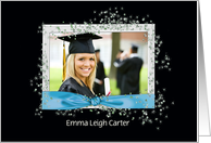 Graduation party photo card-aqua blue ribbon with glitter effects card