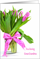 Pink Tulip Bouquet with Polka Dot Bow for Great Grandma’s Birthday card