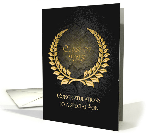 Graduation 2025 for Son, Gold Laurel Wreath on Black Slate Rock card