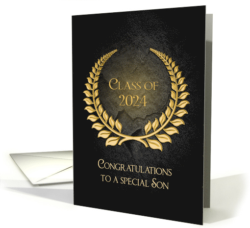 Graduation 2024 for Son, Gold Laurel Wreath on Black Slate Rock card