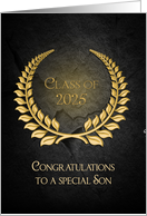 Graduation 2025 for Son, Gold Laurel Wreath on Black Slate Rock card