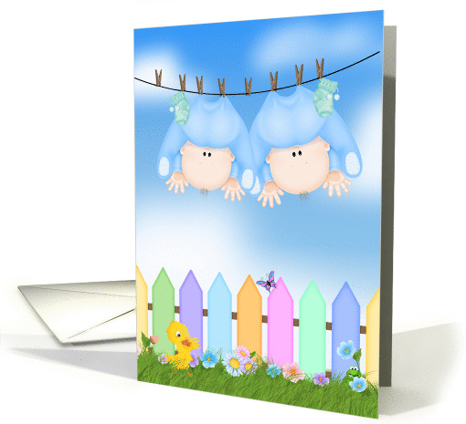 Twin Boy Birth Annoucement - baby boys hanging on clothesline card