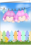 Twin Girls congratulations baby girls hanging on clothesline card