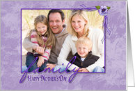 Mother’s Day photo card for grandma, pansy frame on purple texture card