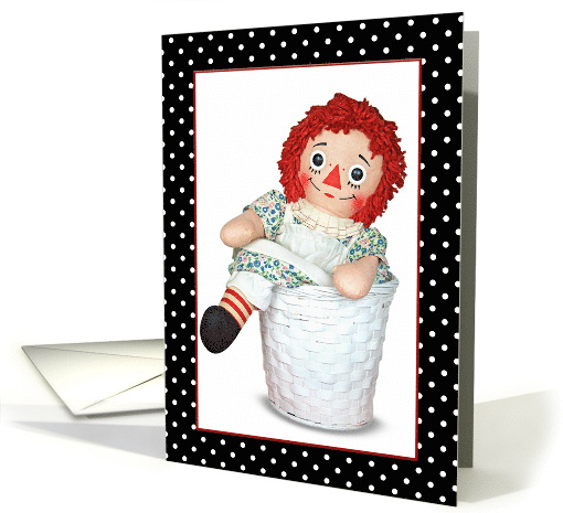 Thinking of You Old Rag Doll in Basket with Polka Dot Frame card