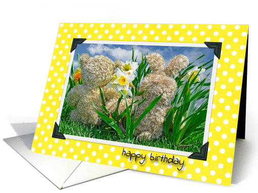 Happy Birthday -Teddy bear and bunny in daffodil garden card (1081264)