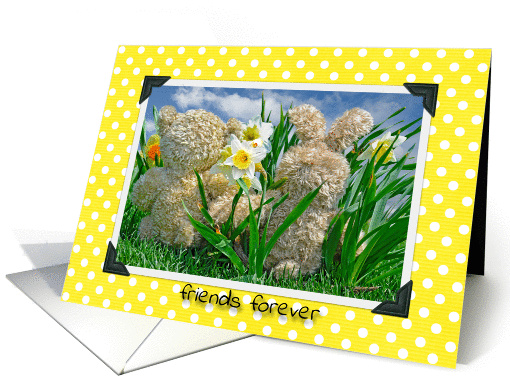 Thank You for Friend -Teddy bear and bunny in daffodil garden card
