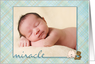 Baby Boy Birth Announcement - plaid photo card with teddy bear card