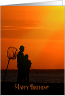 Birthday silhouette of father and son fishing at sunset card