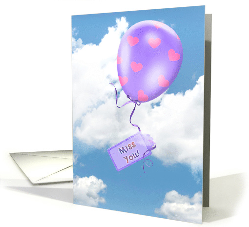 Miss You, purple balloon floating with pink hearts in... (1087342)