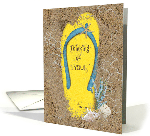 Thinking Of You Yellow Flip Flop In Sand With Starfish card (1094870)
