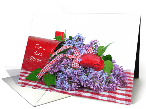 Sister's Birthday lilacs and red tulip bouquet in red mailbox card