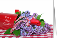 Cousin’s Birthday lilac and red tulip bouquet in red mailbox card