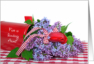 Aunt’s Birthday lilacs and red tulip bouquet in red mailbox card