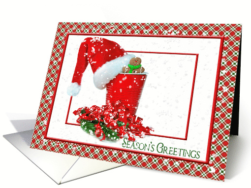 Season's Greetings for Friend, Santa cap on red party cup card