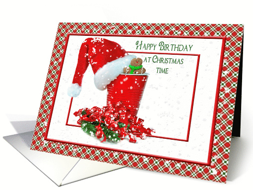 Christmas Birthday Santa hat on red party cup with plaid border card