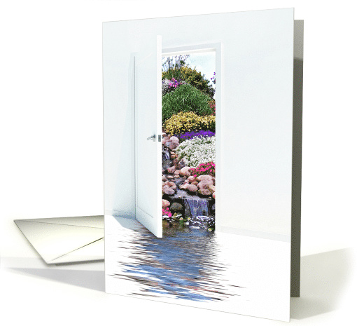 Happy Birthday white open door with rock garden waterfalls card