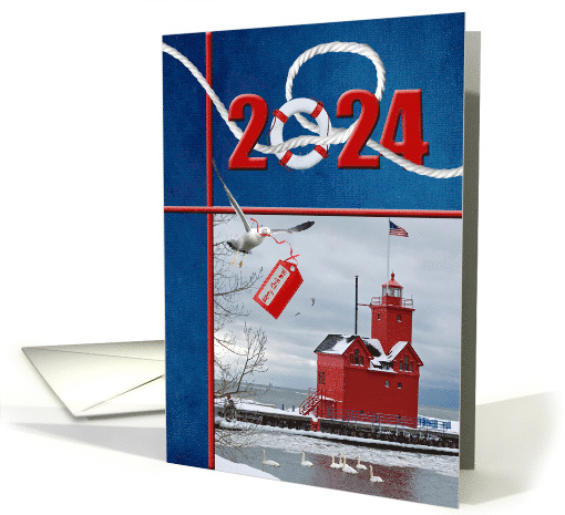 Christmas 2023 Big Red Michigan Lighthouse with Swans In Winter card