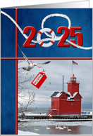 Christmas 2025 Big Red Michigan Lighthouse with Swans In Winter card
